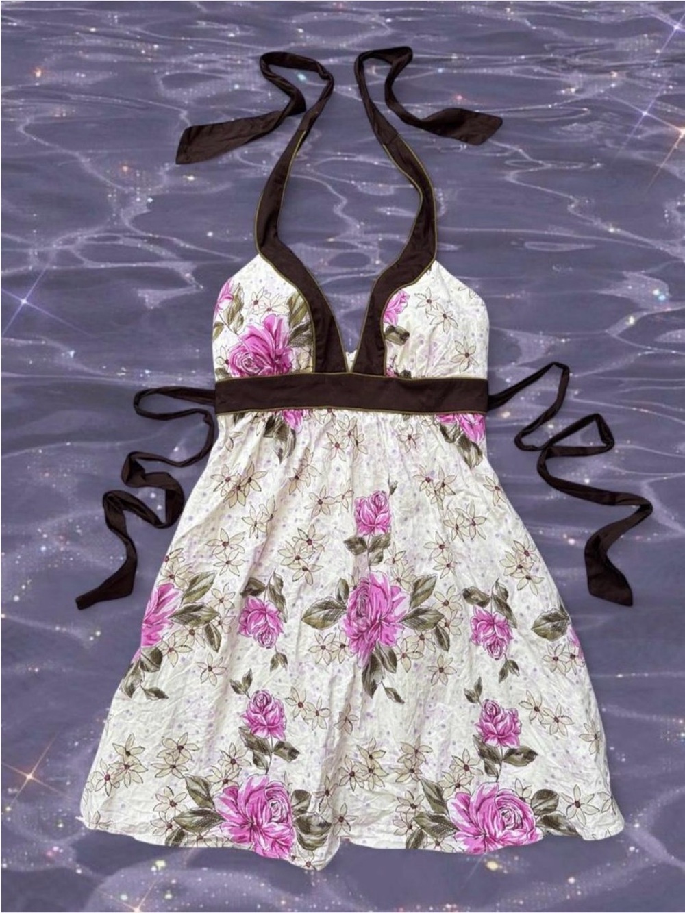 Vintage Y2K Ruby Rox Floral Halter Mini Dress Coquette Cotton Brown Ties